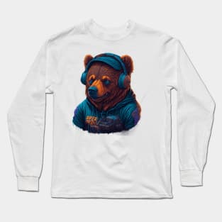 Digital AI Art Bear Animal Wearing Headphones Long Sleeve T-Shirt